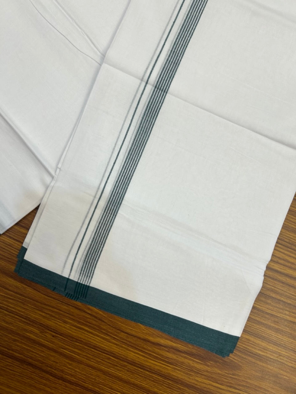 20% Discount ! Kaitharikada Balaramapuram 100% Cotton Pure White Double Mundu/Dothi - 100x80 - 0.5 inch Dark Green Striped Kara 3.90 mtr (8 muzham) - 60 KK5285 VAS