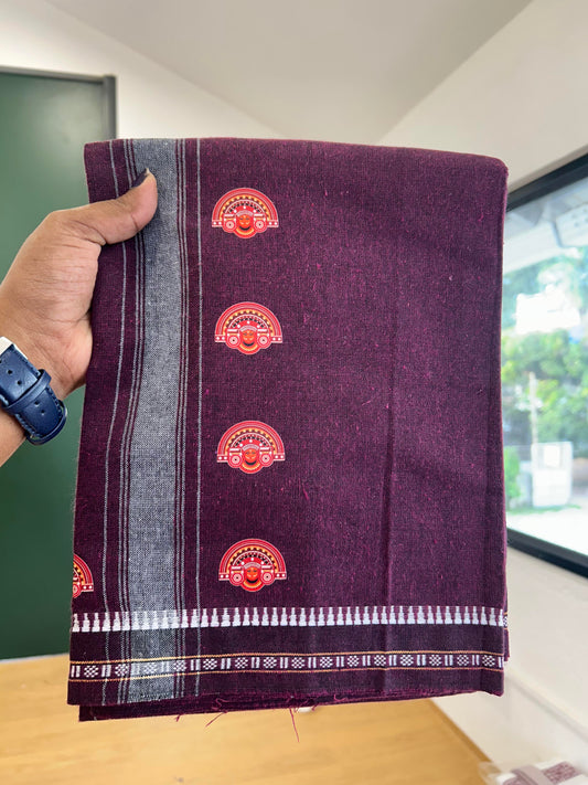 Single Kaily / Lungi - Mixed Cotton - 40s twisted - Theyyam Design Printed Kuppadam 2 inch White Stripes Kara with Wine Purple Colour Body (2 meter / 4 muzham) - 29 KK5423 GAN