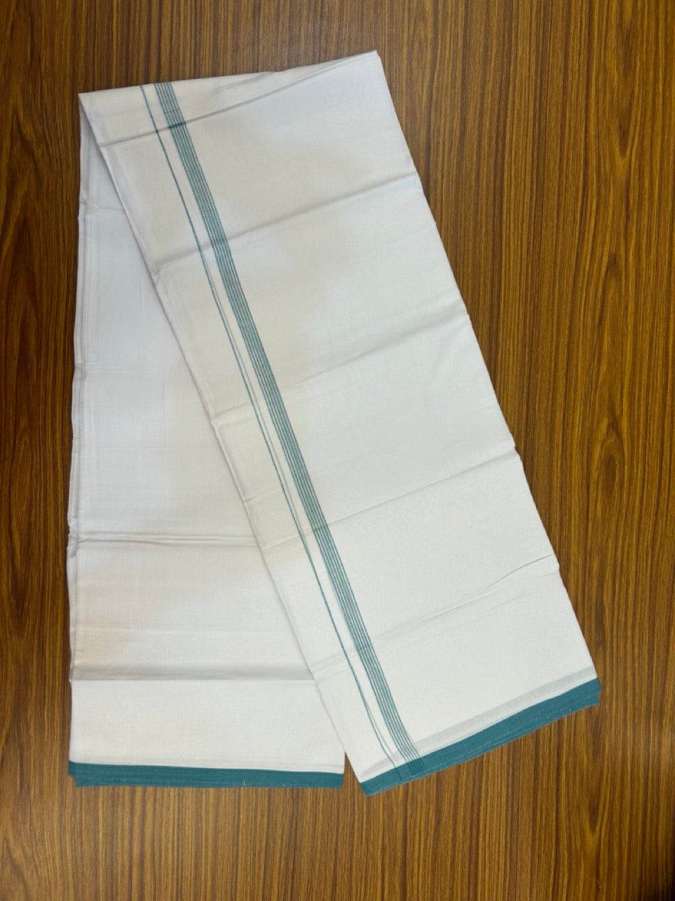 20% Discount ! Kaitharikada Balaramapuram 100% Cotton Pure White Double Mundu/Dothi - 100x80 - 0.5 inch Turquoise Green Striped Kara 3.90 mtr (8 muzham) - 61 KK5285 VAS