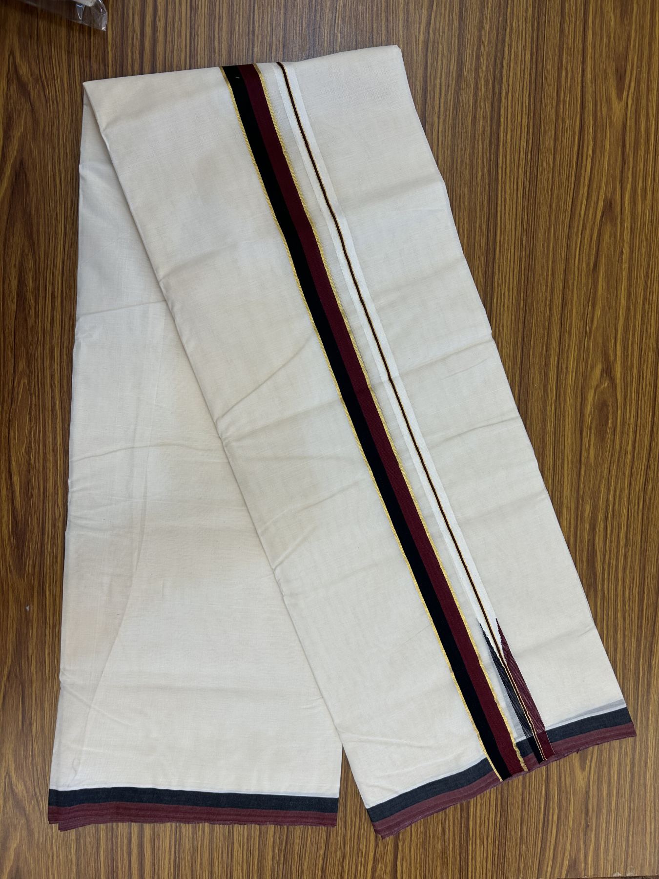 Dmk Veshti - 20% Discount !! KaithariKada Balaramapuram Double Off White - (Unbleached) Mundu/Dhoti - 100X100 - 3 cm Puliyilakkara Kasav Maroon & Black Chutty Kara 4 meters (8.5 Muzham) -  4 KK5325 ASH