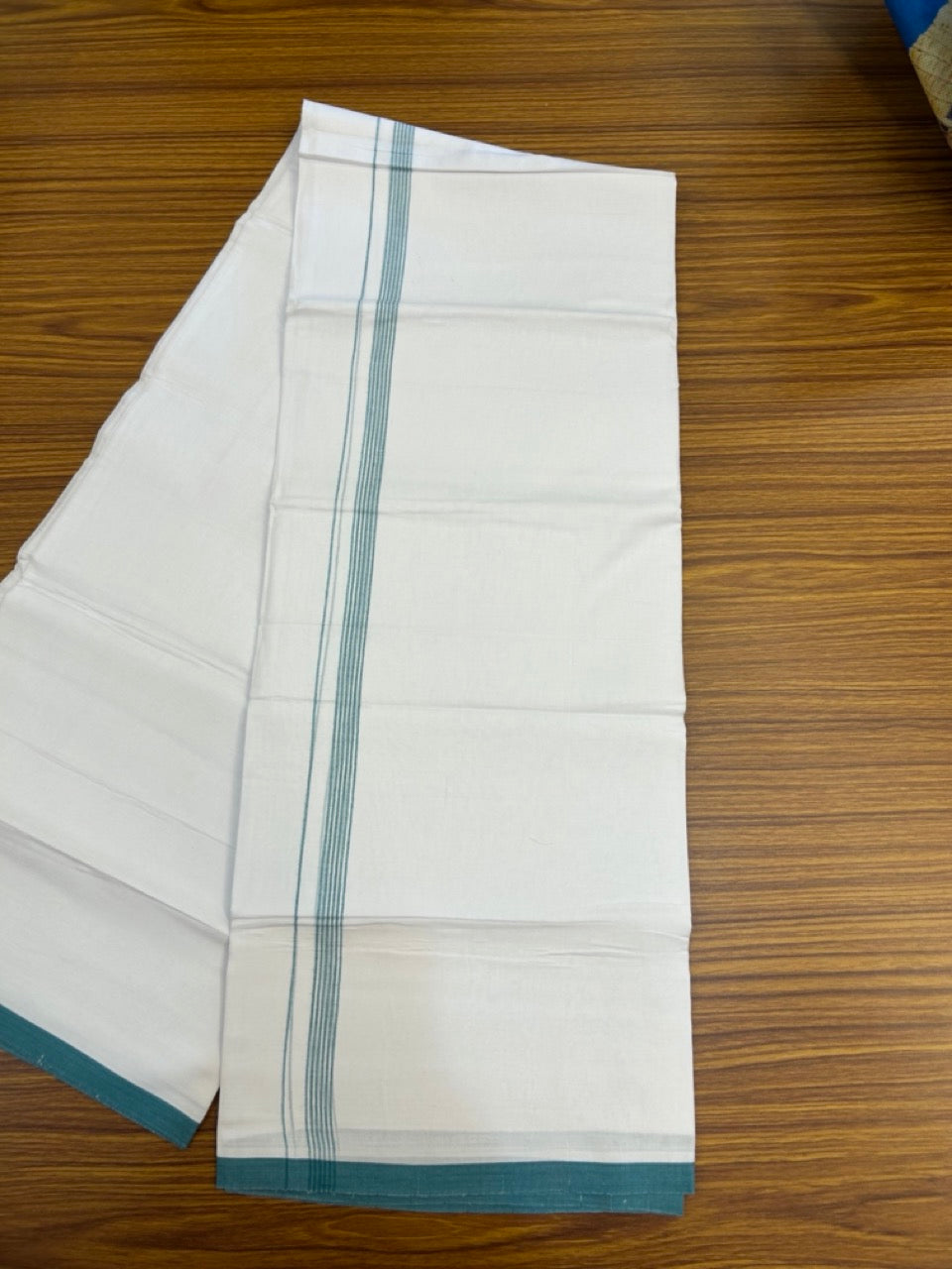 20% Discount ! Kaitharikada Balaramapuram 100% Cotton Pure White Double Mundu/Dothi - 100x80 - 0.5 inch Turquoise Green Striped Kara 3.90 mtr (8 muzham) - 61 KK5285 VAS
