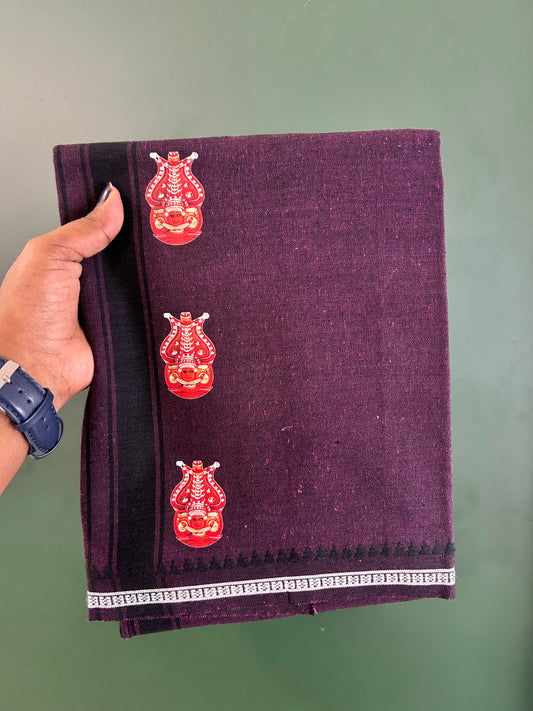 Single Kaily / Lungi - Mixed Cotton - 40s twisted - Theyyam Design Printed Kuppadam 1.75 inch Black Stripes Kara with Dark Wine Colour Body (2 meter / 4 muzham) - 30 KK5423 GAN