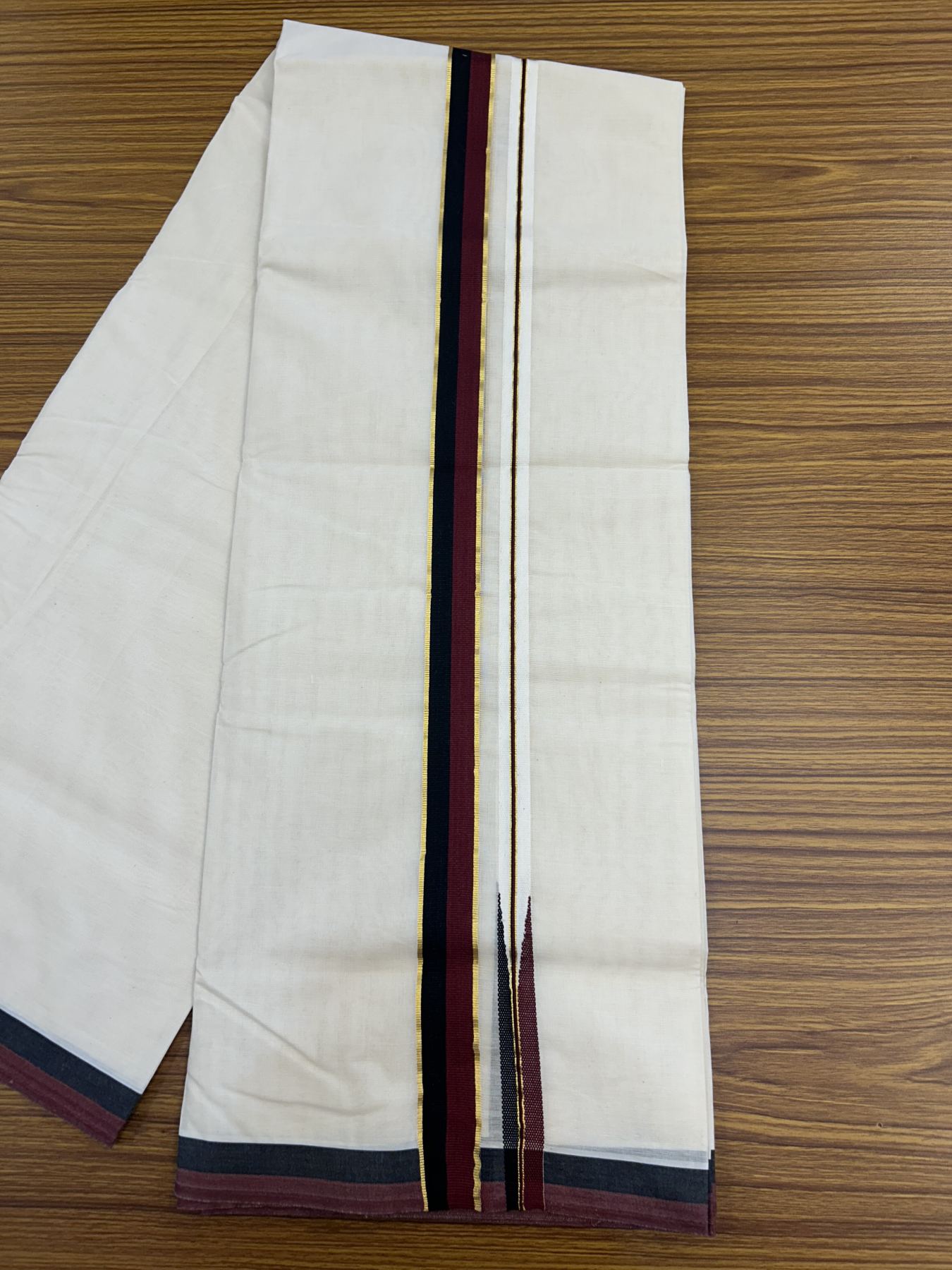 Dmk Veshti - 20% Discount !! KaithariKada Balaramapuram Double Off White - (Unbleached) Mundu/Dhoti - 100X100 - 3 cm Puliyilakkara Kasav Maroon & Black Chutty Kara 4 meters (8.5 Muzham) -  4 KK5325 ASH