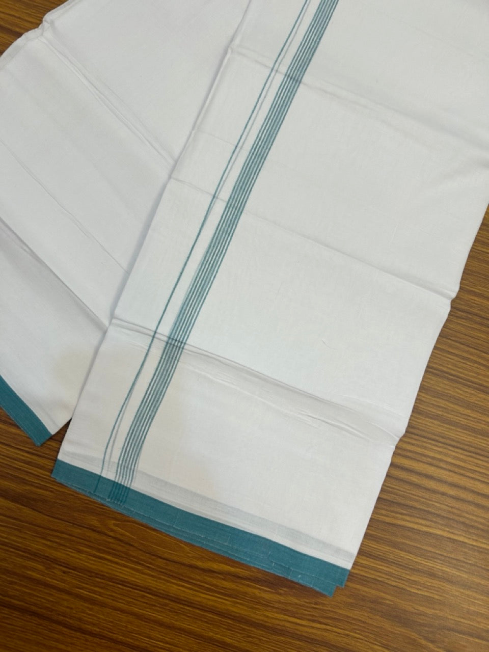 20% Discount ! Kaitharikada Balaramapuram 100% Cotton Pure White Double Mundu/Dothi - 100x80 - 0.5 inch Turquoise Green Striped Kara 3.90 mtr (8 muzham) - 61 KK5285 VAS