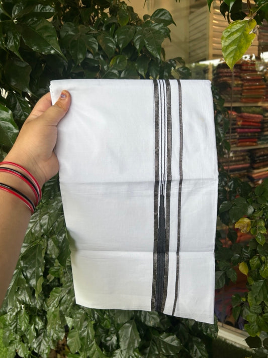 20% Discount ! Kaitharikada Balaramapuram 100% Cotton Pure White Double Mundu/Dothi - 100x80 - 1 inch Puliyilakkara Silver Kasav & Black One Side Chutty Kara  3.90 mtr (8 muzham) - 81 KK5285 VAS