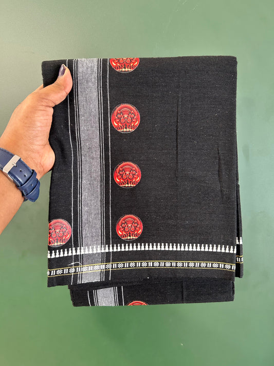 Single Kaily / Lungi - Mixed Cotton - 40s twisted - Theyyam Design Printed Kuppadam 2 inch White Stripes Kara with Black Colour Body (2 meter / 4 muzham) - 28 KK5423 GAN