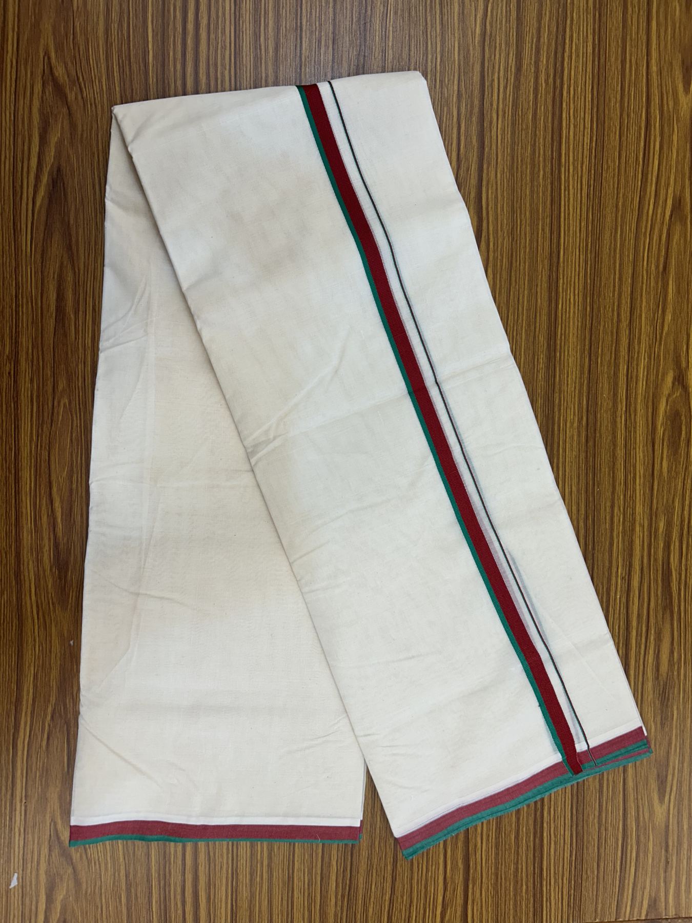 20% Discount ! KaithariKada 100% Cotton off white Double - (Unbleached) Mundu/Dhoti - 100X80 - 2 cm Maroon & Green Kara - 3 KK5325 ASH