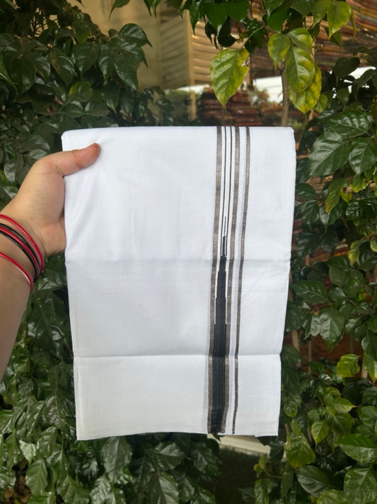20% Discount ! Kaitharikada Balaramapuram 100% Cotton Pure White Double Mundu/Dothi - 100x80 - 1 inch Puliyilakkara Silver Kasav & Black One Side Chutty Kara  3.90 mtr (8 muzham) - 80 KK5285 VAS