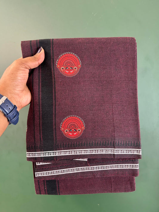 Single Kaily / Lungi - Mixed Cotton - 40s twisted - Theyyam Design Printed Kuppadam 1.75 inch Black Stripes Kara with Dark Brown Colour Body (2 meter / 4 muzham) - 31 KK5423 GAN