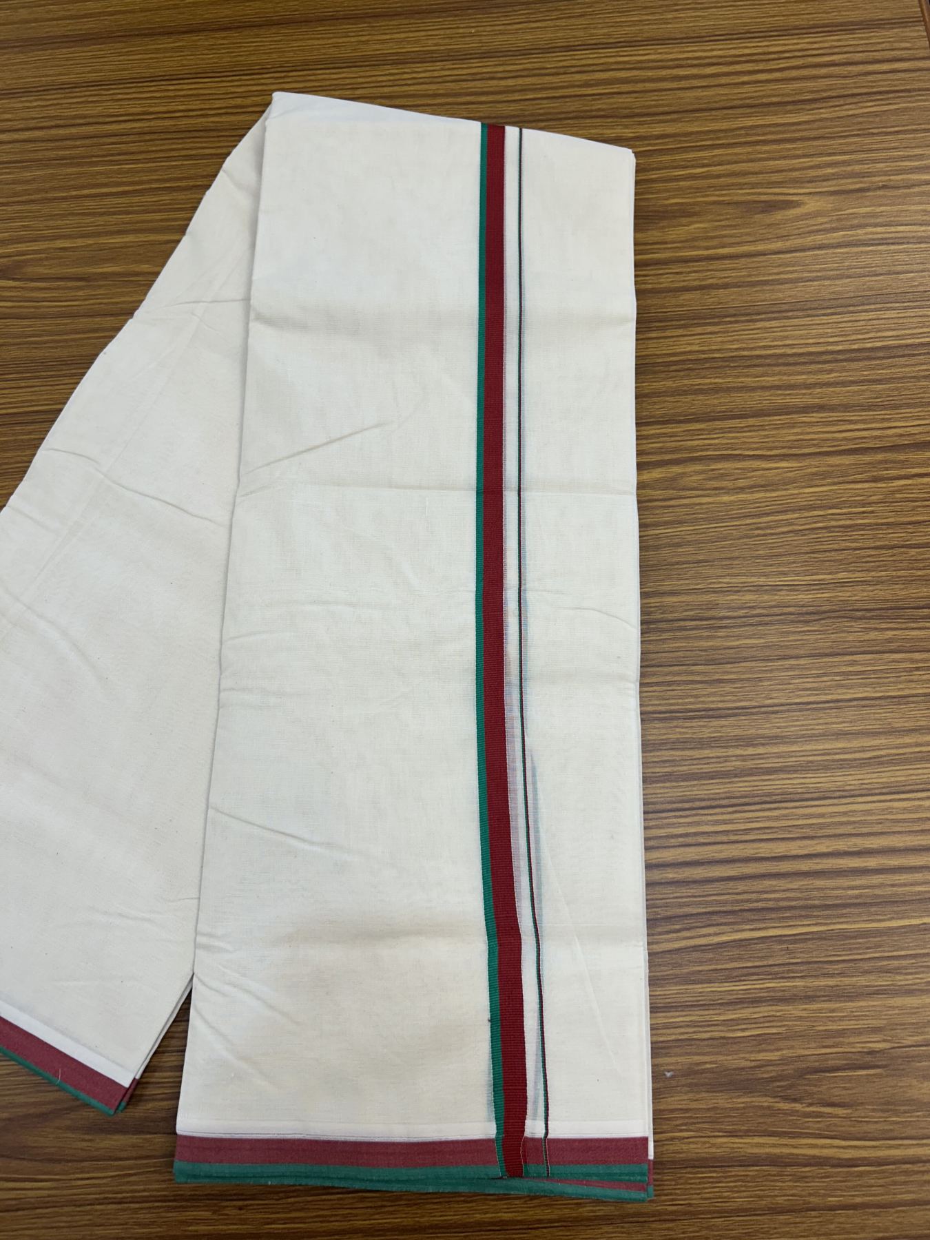 20% Discount ! KaithariKada 100% Cotton off white Double - (Unbleached) Mundu/Dhoti - 100X80 - 2 cm Maroon & Green Kara - 3 KK5325 ASH
