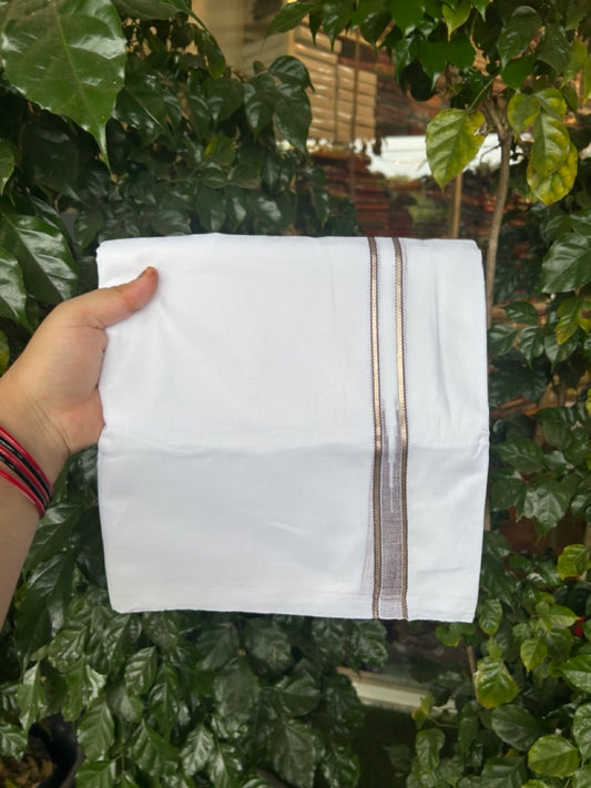 20% Discount ! Kaitharikada Balaramapuram 100% Cotton Pure White Double Mundu/Dothi - 100x80 - 0.75 inch Puliyilakkara Silver Kasav & Brown Chutty Kara  3.90 mtr (8 muzham) - 85 KK5285 VAS