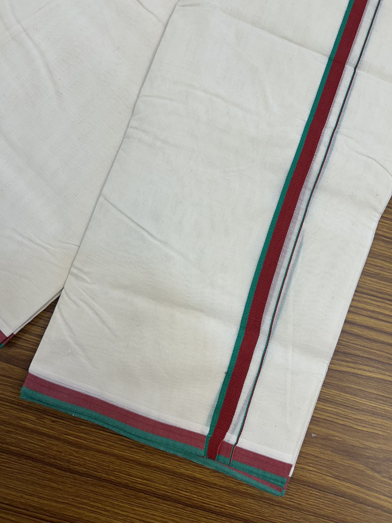 20% Discount ! KaithariKada 100% Cotton off white Double - (Unbleached) Mundu/Dhoti - 100X80 - 2 cm Maroon & Green Kara - 3 KK5325 ASH
