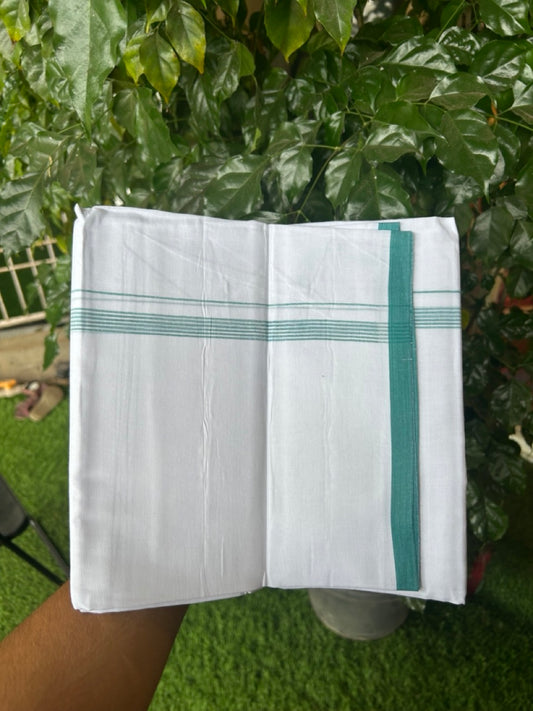 20% Discount ! Kaitharikada Balaramapuram 100% Cotton Pure White Double Mundu/Dothi - 100x80 - 0.5 inch Turquoise Green Striped Kara 3.90 mtr (8 muzham) - 61 KK5285 VAS