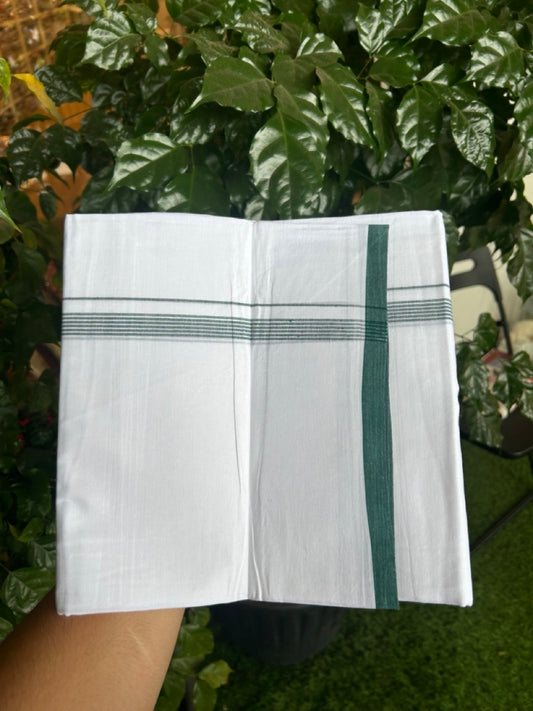 20% Discount ! Kaitharikada Balaramapuram 100% Cotton Pure White Double Mundu/Dothi - 100x80 - 0.5 inch Dark Green Striped Kara 3.90 mtr (8 muzham) - 60 KK5285 VAS