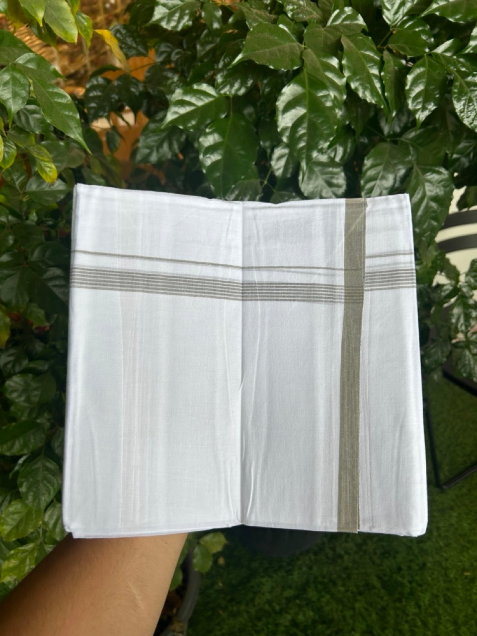 20% Discount ! Kaitharikada Balaramapuram 100% Cotton Pure White Double Mundu/Dothi - 100x80 - 0.5 inch Light Sage Green Striped Kara 3.90 mtr (8 muzham) - 59 KK5285 VAS