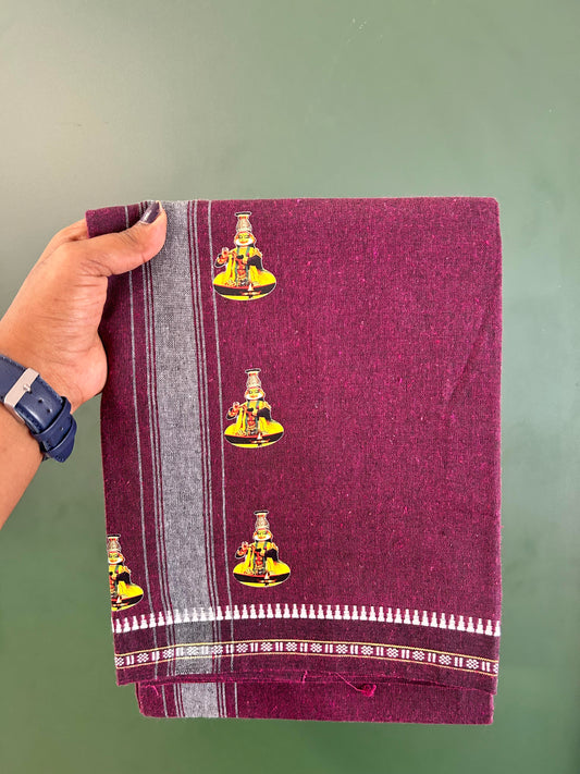 Single Kaily / Lungi - Mixed Cotton - 40s twisted - Kathakali Design Printed Kuppadam 2 inch White Stripes Kara with Wine Purple + Black Colour Body (2 meter / 4 muzham) - 34 KK5423 GAN