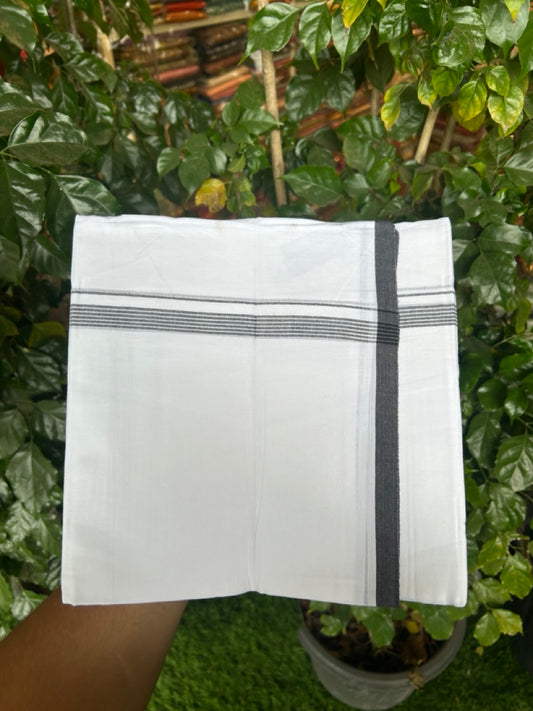 20% Discount ! Kaitharikada Balaramapuram 100% Cotton Pure White Double Mundu/Dothi - 100x80 - 0.5 inch Black Striped Kara 3.90 mtr (8 muzham) - 58 KK5285 VAS