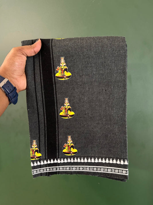 Single Kaily / Lungi - Mixed Cotton - 40s twisted - Kathakali Design Printed Kuppadam 1.75 inch Black Stripes Kara with Dark Grey + Black Colour Body (2 meter / 4 muzham) - 32 KK5423 GAN