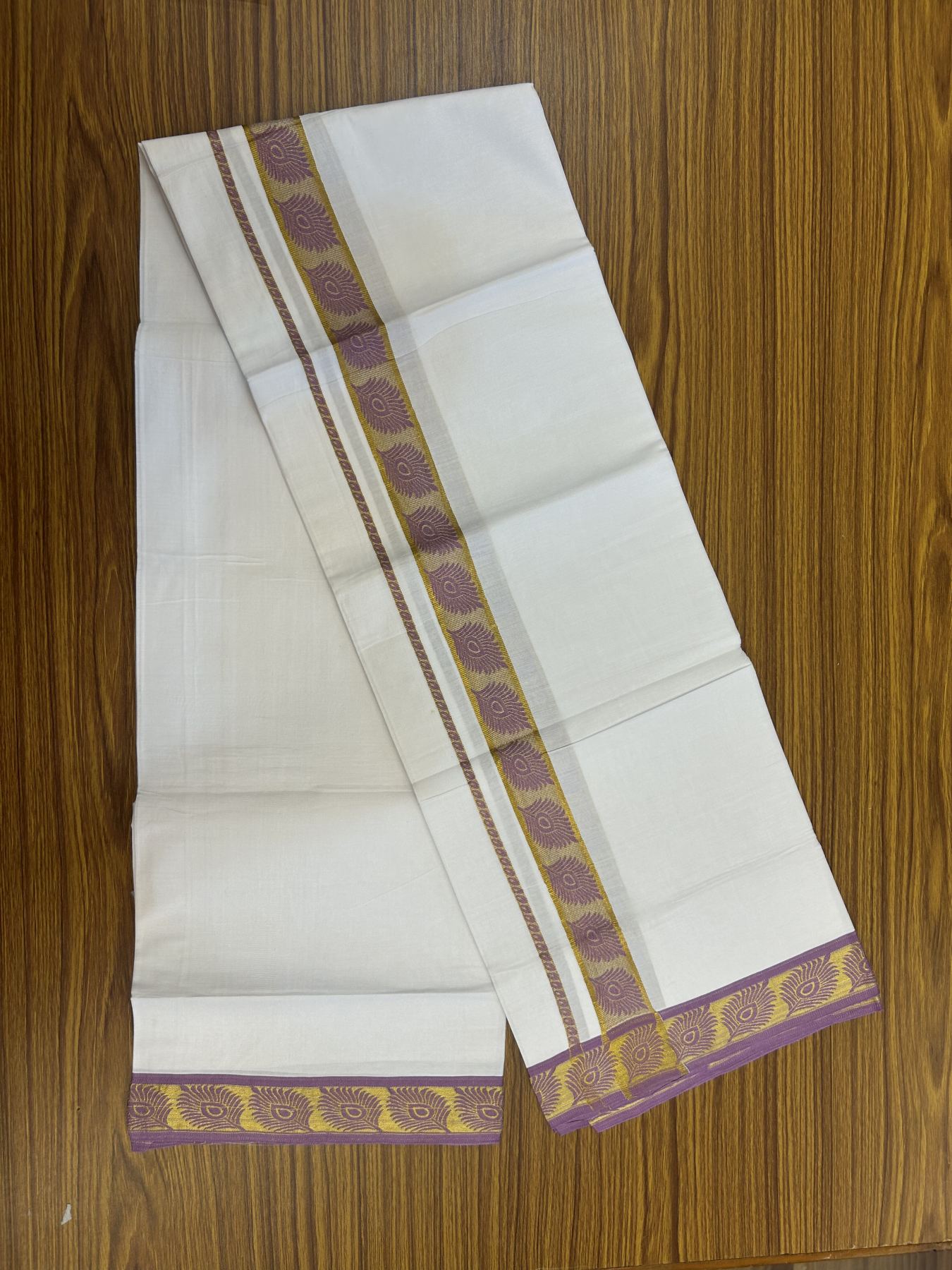 20% Discount ! KaithariKada Balaramapuram 100% Pure Cotton Single Pure White Mundu/Dhoti - 30X70 - 1.25 inch Gold Kasav & Lavender Magenta Peacock Feather Jacquard Design kara 1.90 mtr (4 Muzham) - 8 KK5325 CJT