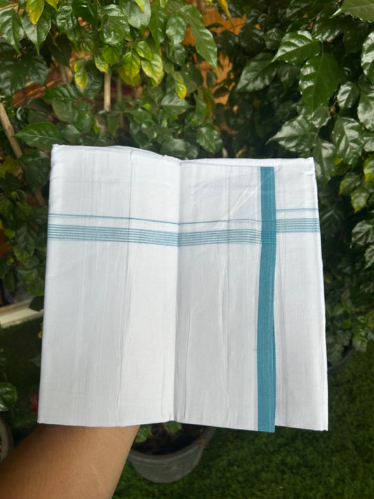 20% Discount ! Kaitharikada Balaramapuram 100% Cotton Pure White Double Mundu/Dothi - 100x80 - 0.5 inch Blue Striped Kara 3.90 mtr (8 muzham) - 57 KK5285 VAS