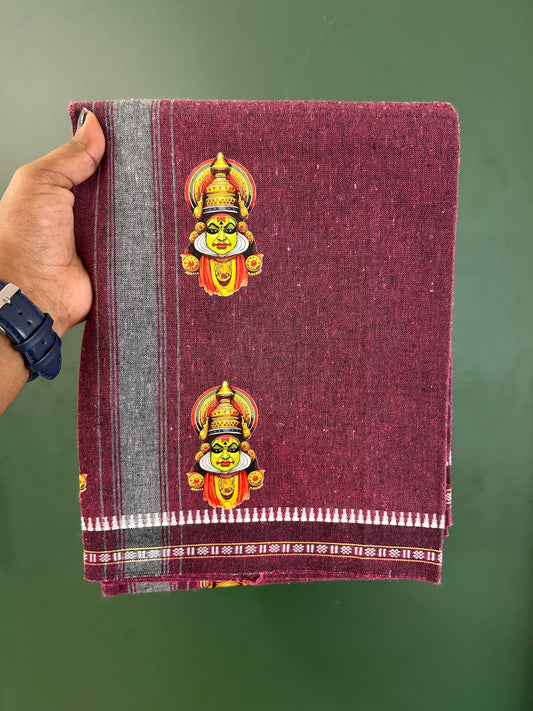 Single Kaily / Lungi - Mixed Cotton - 40s twisted - Kathakali Design Printed Kuppadam 2 inch Ash Grey Stripes Kara with Betanin Red Colour Body (2 meter / 4 muzham) - 39 KK5423 GAN