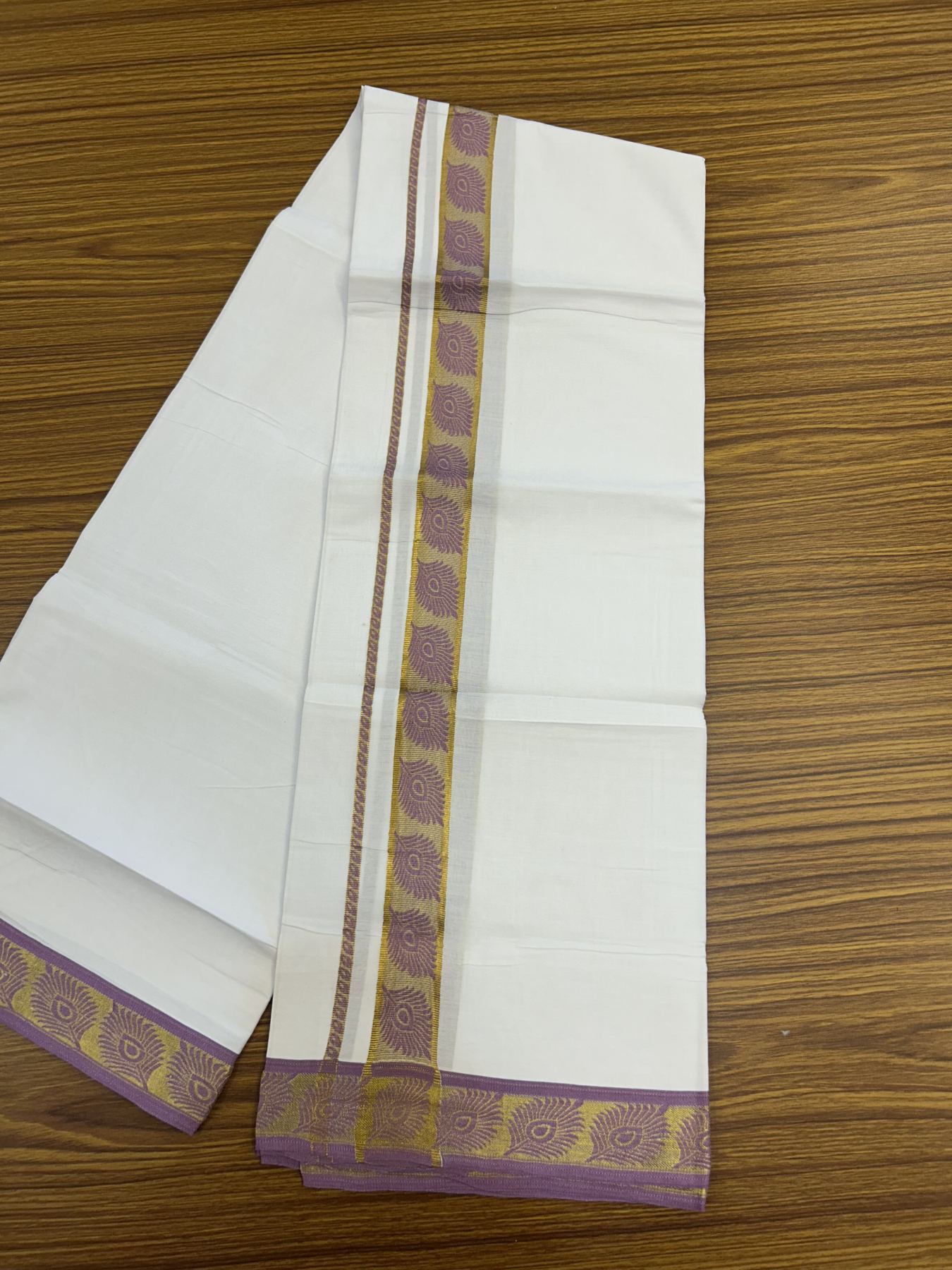 20% Discount ! KaithariKada Balaramapuram 100% Pure Cotton Single Pure White Mundu/Dhoti - 30X70 - 1.25 inch Gold Kasav & Lavender Magenta Peacock Feather Jacquard Design kara 1.90 mtr (4 Muzham) - 8 KK5325 CJT