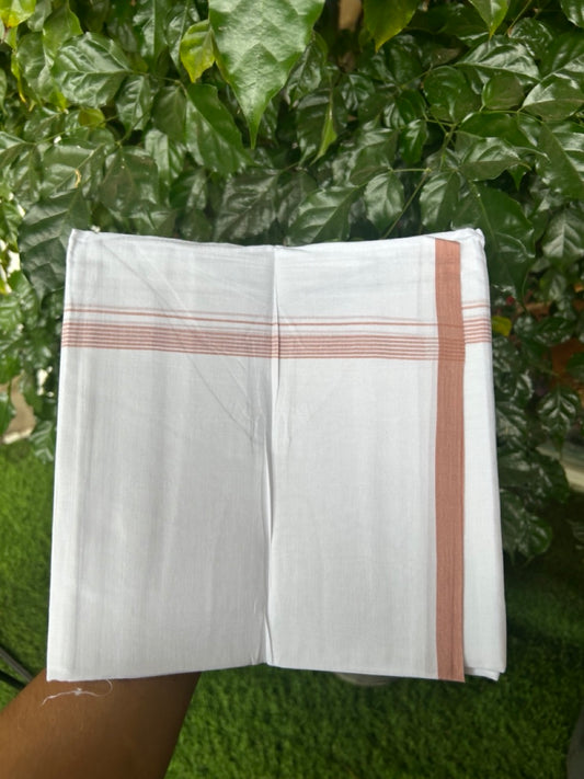 20% Discount ! Kaitharikada Balaramapuram 100% Cotton Pure White Double Mundu/Dothi - 100x80 - 0.5 inch Dark Peach Striped Kara 3.90 mtr (8 muzham) - 56 KK5285 VAS