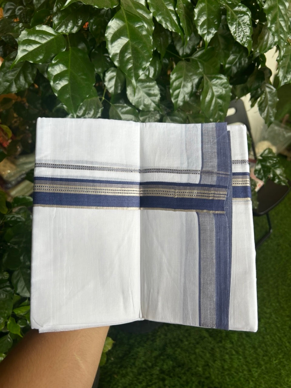 20% Discount ! Kaitharikada Balaramapuram 100% Cotton Pure White Double Mundu/Dothi - 100x80 - 1.25 inch Blue & Silver Kasav Striped Kara 3.90 mtr (8 muzham) - 52 KK5285 VAS