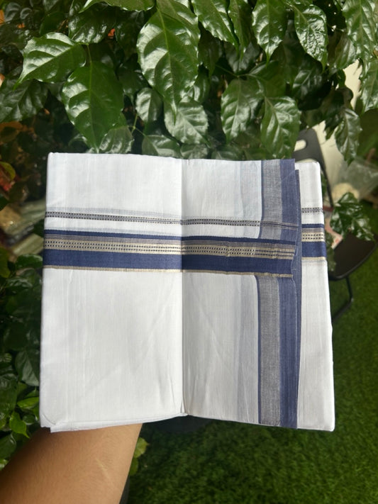 20% Discount ! Kaitharikada Balaramapuram 100% Cotton Pure White Double Mundu/Dothi - 100x80 - 1.25 inch Blue & Silver Kasav Striped Kara 3.90 mtr (8 muzham) - 52 KK5285 VAS