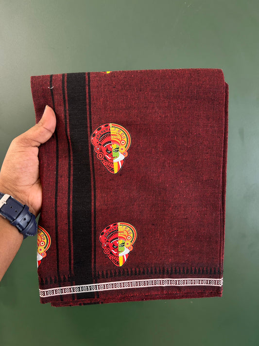 Single Kaily / Lungi - Mixed Cotton - 40s twisted - Kathakali + Theyyam Design Printed Kuppadam 1.75 inch Black Stripes Kara with Maroon + Black Colour Body (2 meter / 4 muzham) - 35 KK5423 GAN