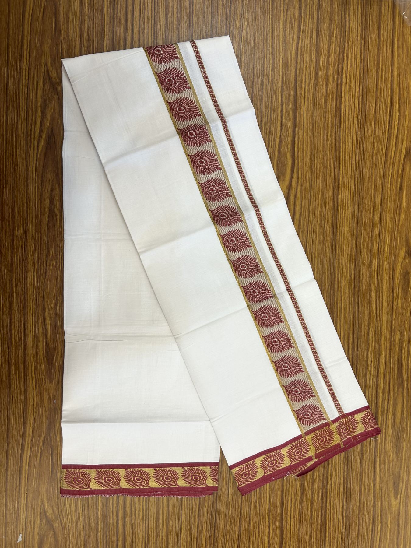 20% Discount ! KaithariKada Balaramapuram 100% Pure Cotton Single Pure White Mundu/Dhoti - 30X70 - 1.75 inch Gold Kasav & Maroon Peacock Feather Jacquard Design kara 1.90 mtr (4 Muzham) - 9 KK5325 CJT