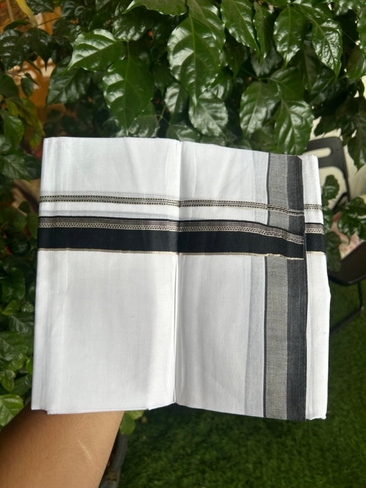 20% Discount ! Kaitharikada Balaramapuram 100% Cotton Pure White Double Mundu/Dothi - 100x80 - 1.25 inch Black & Silver Kasav Striped Kara 3.90 mtr (8 muzham) - 55 KK5285 VAS