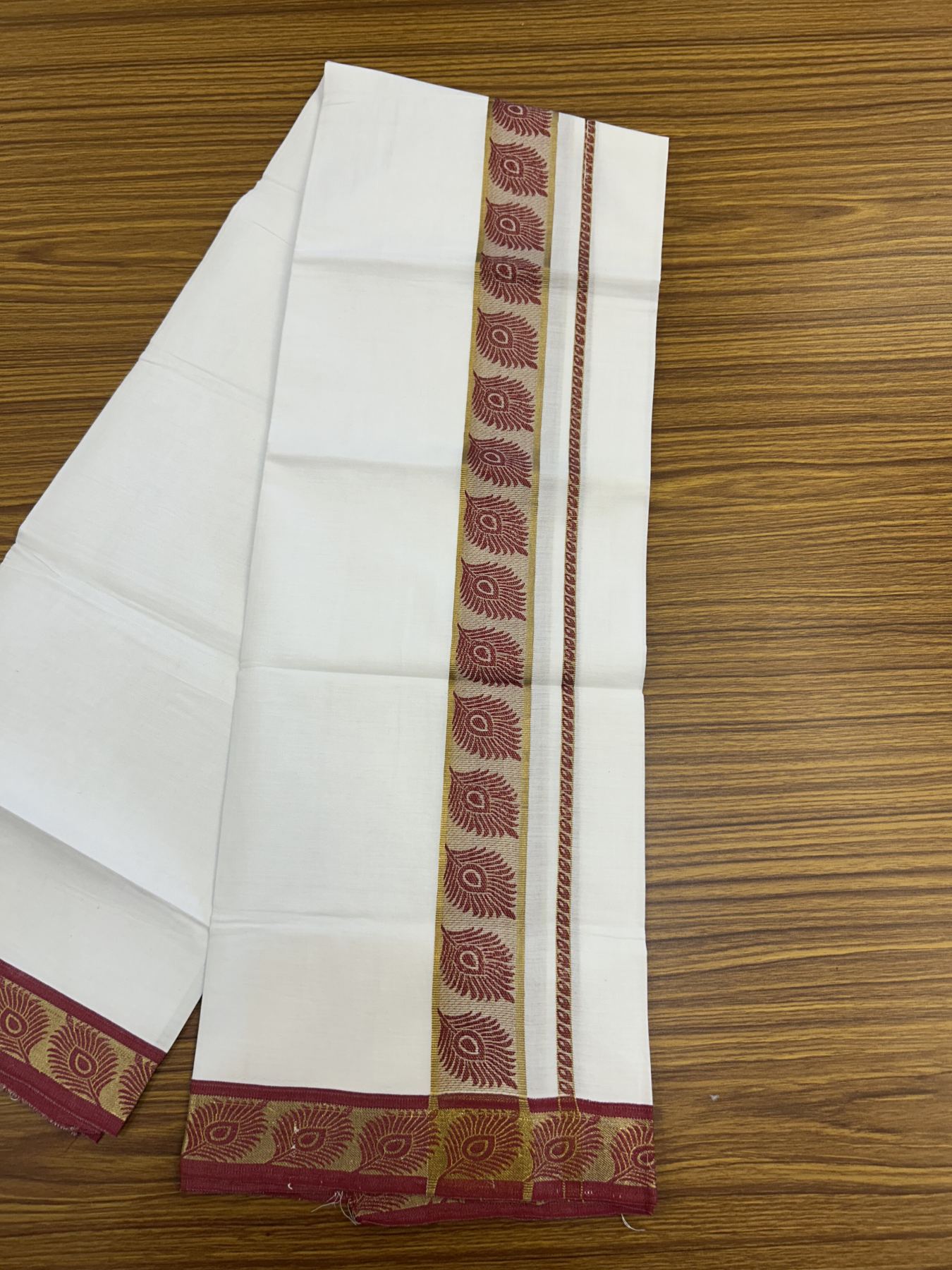 20% Discount ! KaithariKada Balaramapuram 100% Pure Cotton Single Pure White Mundu/Dhoti - 30X70 - 1.75 inch Gold Kasav & Maroon Peacock Feather Jacquard Design kara 1.90 mtr (4 Muzham) - 9 KK5325 CJT
