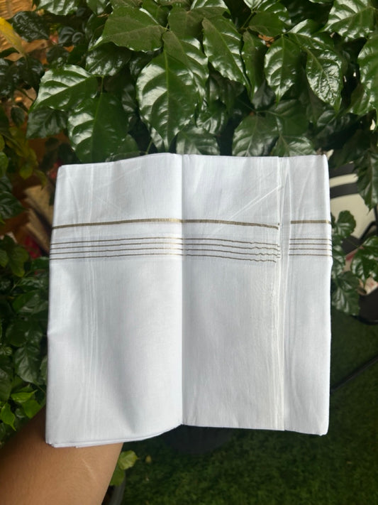 20% Discount ! Kaitharikada Balaramapuram 100% Cotton Pure White Double Mundu/Dothi - 100x80 - 0.75 inch Silver Kasav Striped Kara 3.90 mtr (8 muzham) - 50 KK5285 VAS