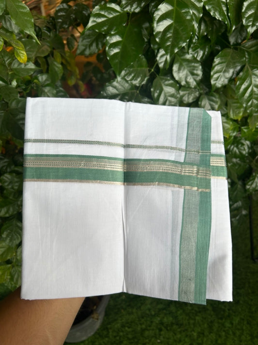20% Discount ! Kaitharikada Balaramapuram 100% Cotton Pure White Double Mundu/Dothi - 100x80 - 1.25 inch Light Teal Green & Silver Kasav Striped Kara 3.90 mtr (8 muzham) - 54 KK5285 VAS