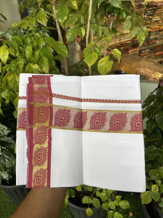 20% Discount ! KaithariKada Balaramapuram 100% Pure Cotton Single Pure White Mundu/Dhoti - 30X70 - 1.75 inch Gold Kasav & Maroon Peacock Feather Jacquard Design kara 1.90 mtr (4 Muzham) - 9 KK5325 CJT