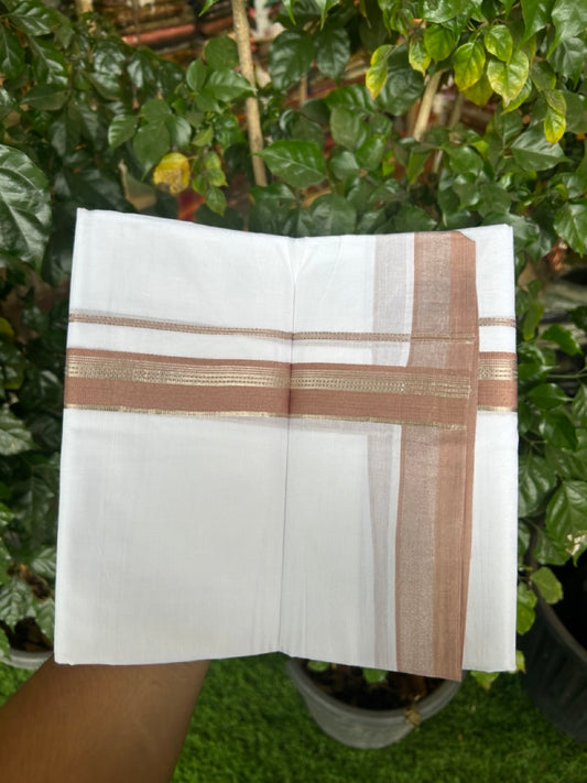 20% Discount ! Kaitharikada Balaramapuram 100% Cotton Pure White Double Mundu/Dothi - 100x80 - 1.25 inch Dark Brown Cream & Silver Kasav Striped Kara 3.90 mtr (8 muzham) - 53 KK5285 VAS
