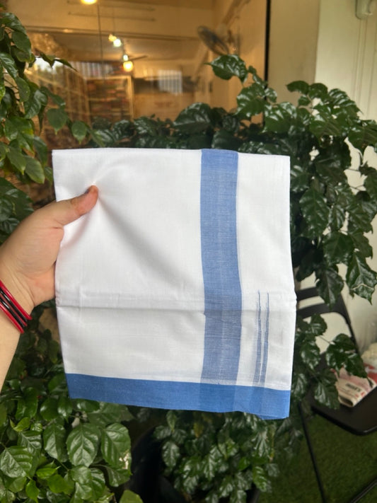20% Discount ! Kaitharikada Balaramapuram 100% Cotton Pure White Double Mundu/Dothi - 100x80 - 1.5 inch Puliyilakkara Blue Chutty Kara  3.90 mtr (8 muzham) - 90 KK5285  VAS