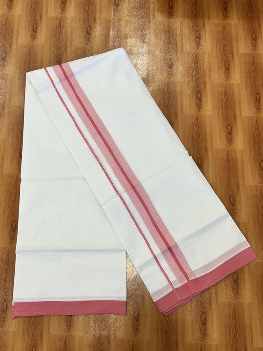 Double Pure White Mundu/Dhoti -20% Discount !! KaithariKada Balaramapuram 100% Cotton - 60s - 1.5 Inch Brick Pink Shaded Striped Kara - 3.85 mtr ( 8 muzham) - 1 KK5423 PMC