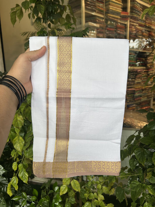 20% Discount ! KaithariKada Balaramapuram 100% Pure Cotton Double Pure White Mundu/Dhoti - 100x80 - 1.25 inch Puliyilakkara Gold Kasav & Dark Peach Jacquard Design Chutty kara 3.90 mtr (8 Muzham) - 10 KK5325 CJT