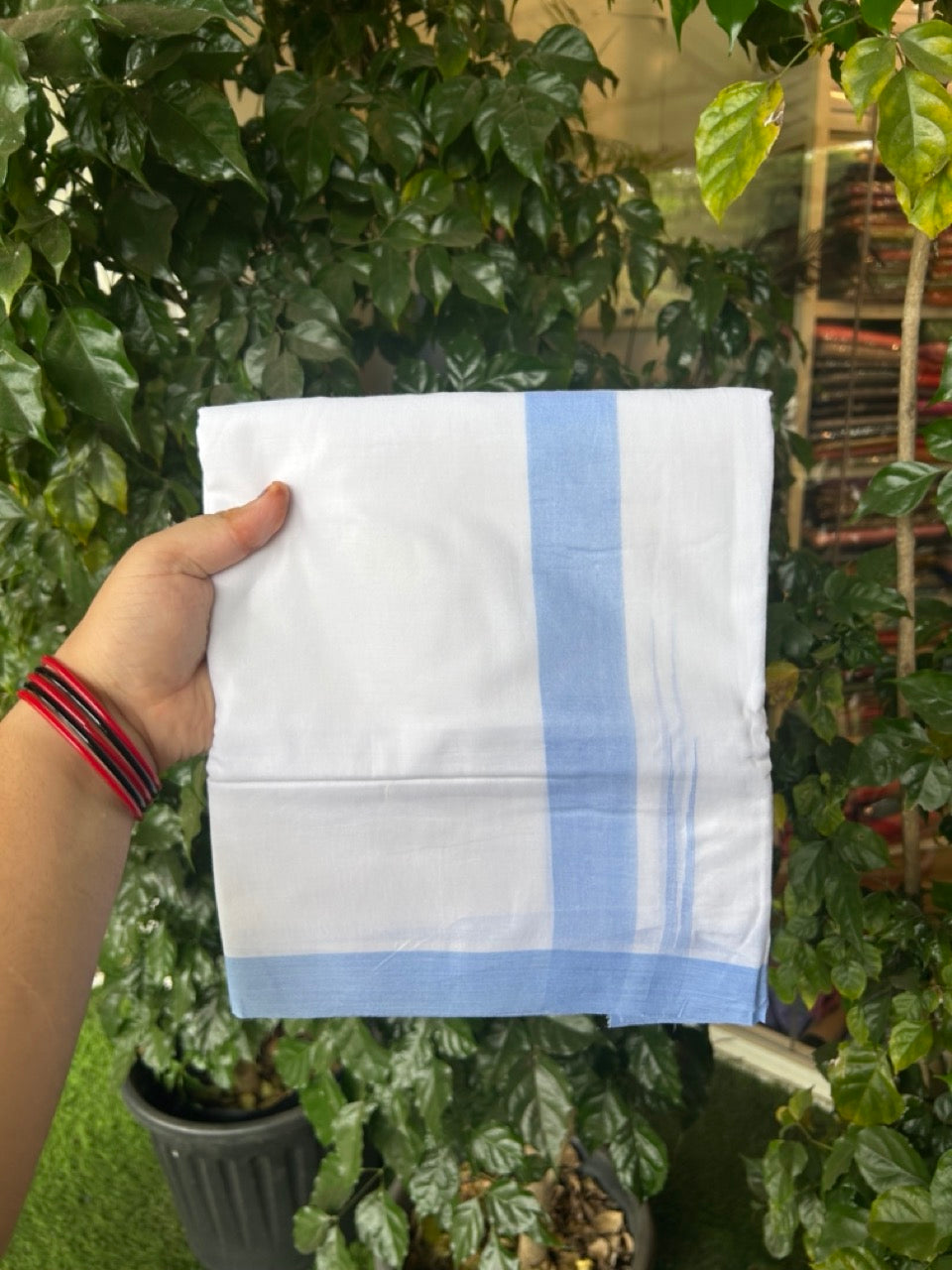 20% Discount ! Kaitharikada Balaramapuram 100% Cotton Pure White Double Mundu/Dothi - 100x80 - 1.5 inch Puliyilakkara Light Blue Chutty Kara  3.90 mtr (8 muzham) - 92 KK5285  VAS