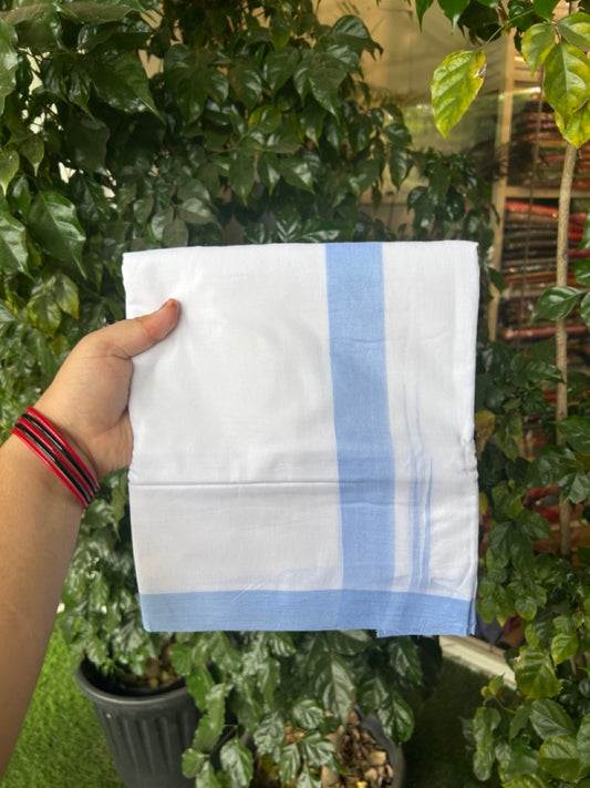 20% Discount ! Kaitharikada Balaramapuram 100% Cotton Pure White Double Mundu/Dothi - 100x80 - 1.5 inch Puliyilakkara Light Blue Chutty Kara  3.90 mtr (8 muzham) - 92 KK5285  VAS