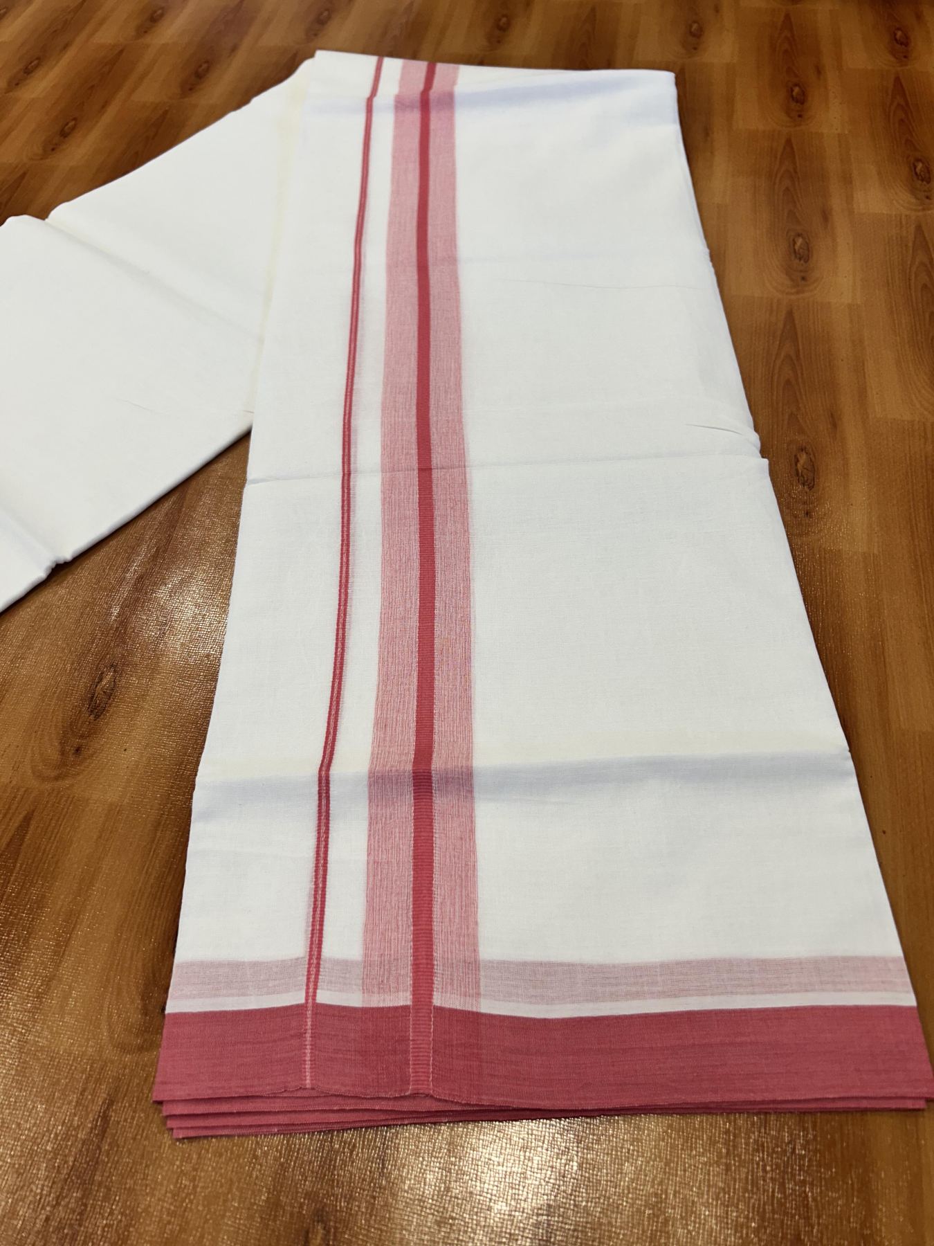 Double Pure White Mundu/Dhoti -20% Discount !! KaithariKada Balaramapuram 100% Cotton - 60s - 1.5 Inch Brick Pink Shaded Striped Kara - 3.85 mtr ( 8 muzham) - 1 KK5423 PMC