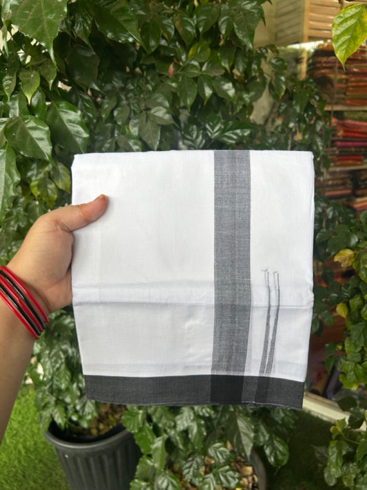20% Discount ! Kaitharikada Balaramapuram 100% Cotton Pure White Double Mundu/Dothi - 100x80 - 1.5 inch Puliyilakkara Black Chutty Kara  3.90 mtr (8 muzham) - 93 KK5285  VAS