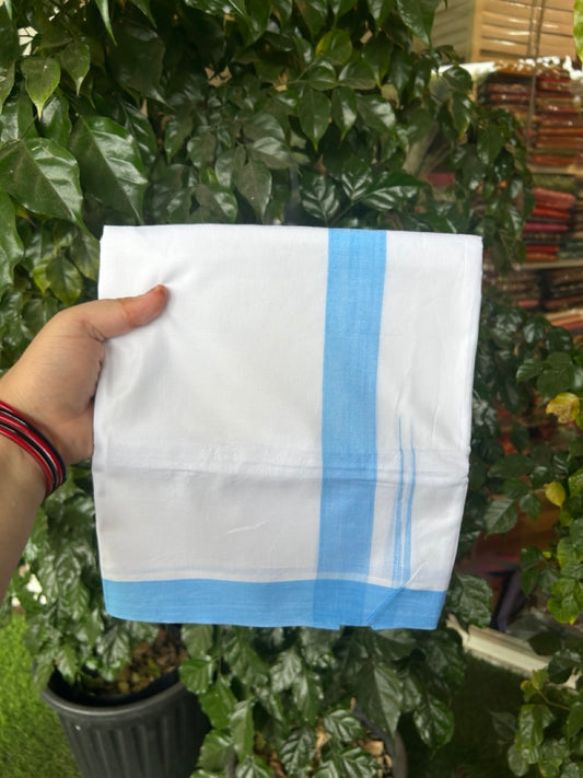 20% Discount ! Kaitharikada Balaramapuram 100% Cotton Pure White Double Mundu/Dothi - 100x80 - 1.5 inch Puliyilakkara Sky Blue Chutty Kara  3.90 mtr (8 muzham) - 91 KK5285  VAS