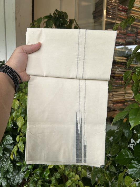 20% Discount! KaithariKada 100% Cotton off white Single - (Unbleached) Mundu/Dhoti Twisted 100s Thread- 100X100 - 0.5 inch Puliyilakkara Silver Kasav Sage Green & Black Chutty kara - 5 KK5325 ASH