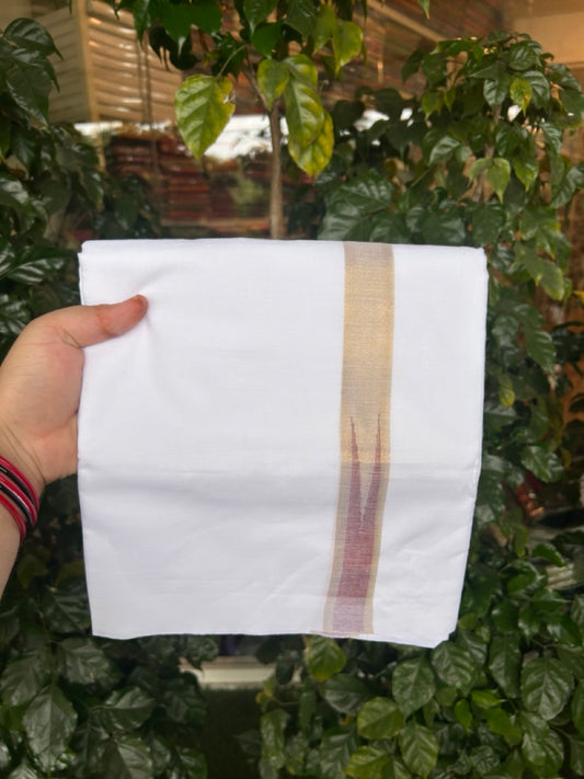 20% Discount ! Kaitharikada Balaramapuram 100% Cotton Pure White Double Mundu/Dothi - 100x80 - 1 inch Puliyilakkara Gold Kasav & Maroon Chutty Kara  3.90 mtr (8 muzham) - 96 KK5285  VAS