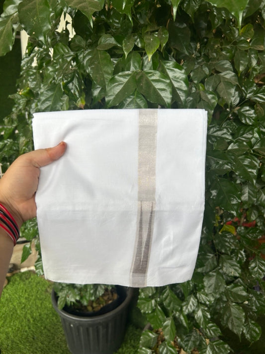 20% Discount ! Kaitharikada Balaramapuram 100% Cotton Pure White Double Mundu/Dothi - 100x80 - 1 inch Puliyilakkara Silver Kasav & Brown Chutty Kara  3.90 mtr (8 muzham) - 98 KK5285  VAS