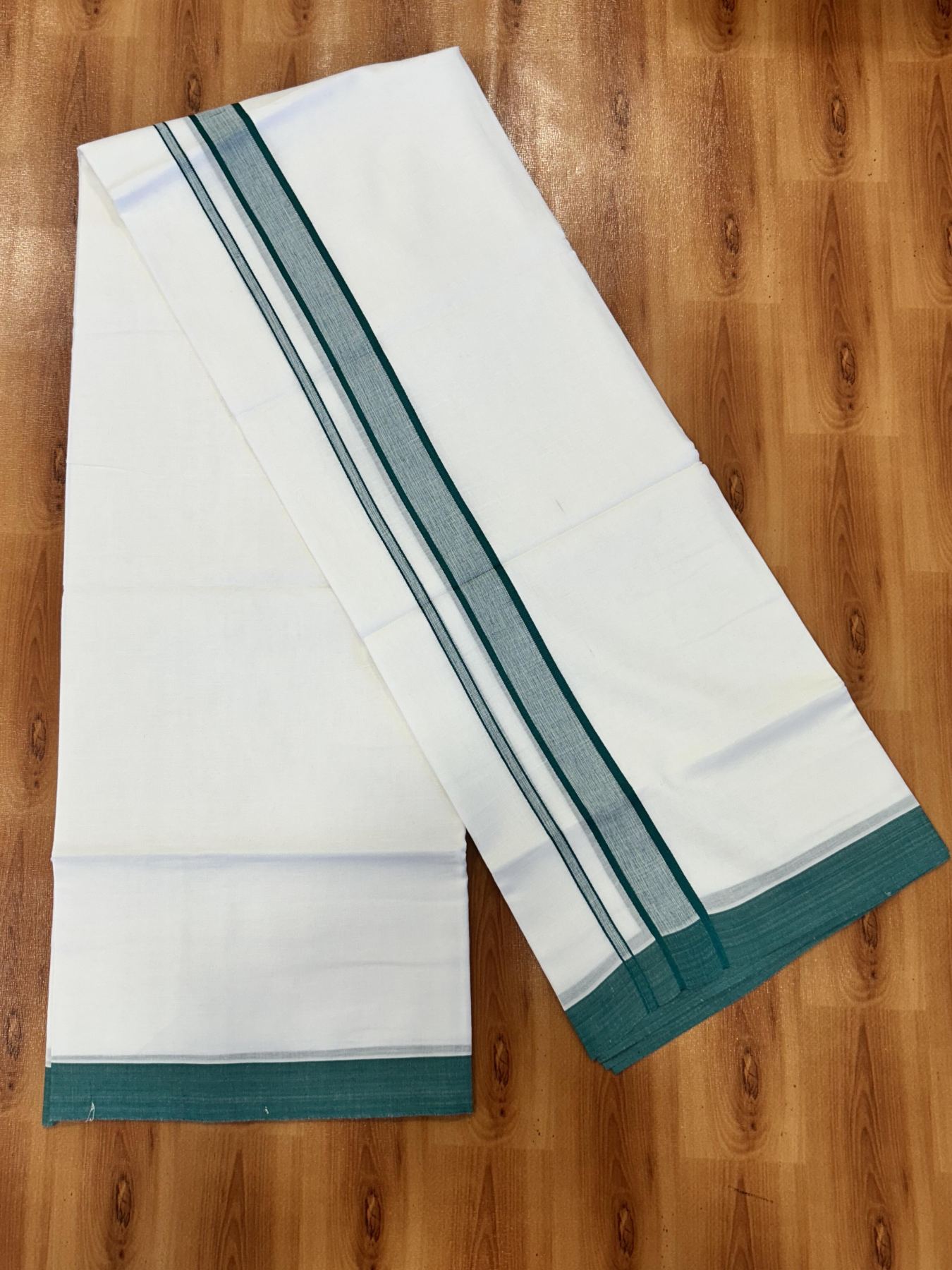 Double Pure White Mundu/Dhoti -20% Discount !! KaithariKada Balaramapuram 100% Cotton - 60s - 1.25 Inch Dark Green Shaded Striped Kara - 3.85 mtr ( 8 muzham) - 2 KK5423 PMC