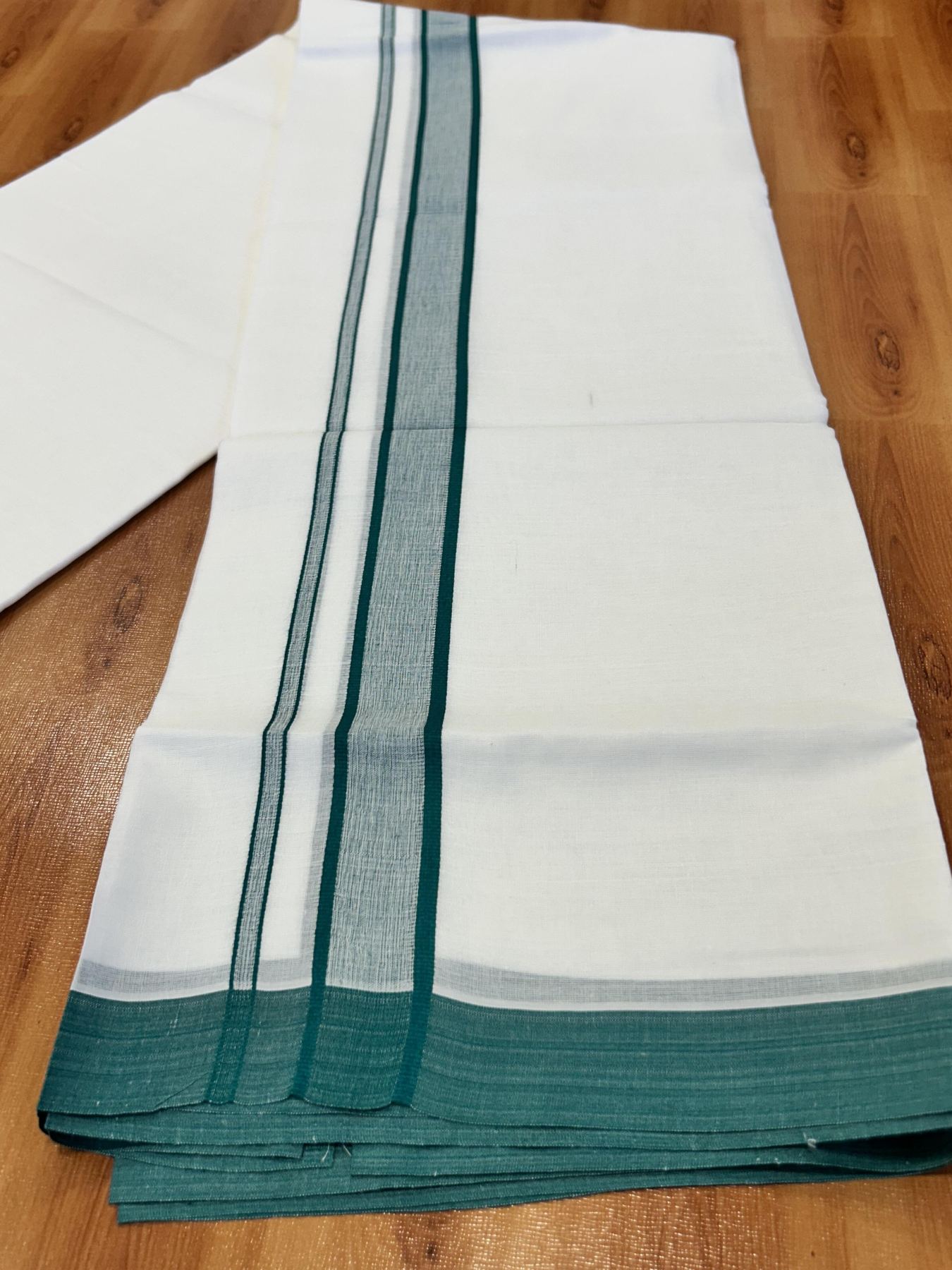 Double Pure White Mundu/Dhoti -20% Discount !! KaithariKada Balaramapuram 100% Cotton - 60s - 1.25 Inch Dark Green Shaded Striped Kara - 3.85 mtr ( 8 muzham) - 2 KK5423 PMC